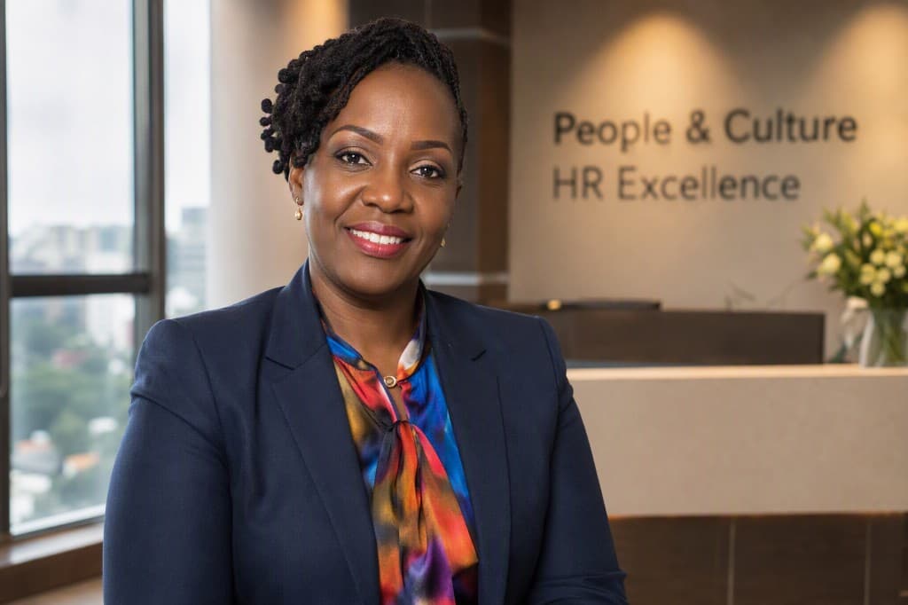 A professional smiling in a modern office with People and Culture, HR Excellence in the background