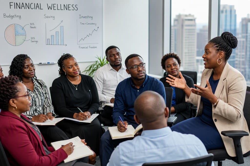 Professionals in a financial wellness workshop with a whiteboard covering saving and investing