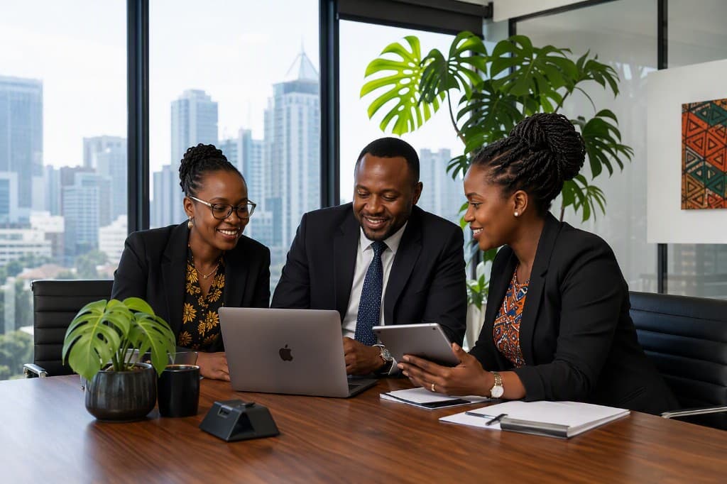 Three professionals collaborating around a laptop in a modern office