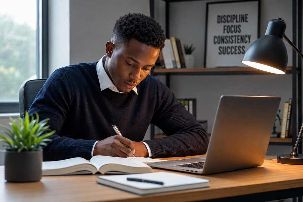A professional studying at a desk with a notebook and laptop
