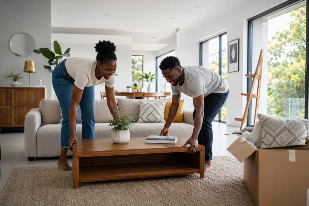 A couple placing a coffee table in a bright living room